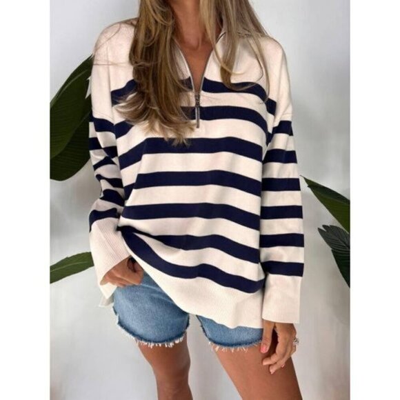 FREE PEOPLE Coastal Stripe Pullover in Champagne Navy Combo Size Medium - Picture 2 of 16